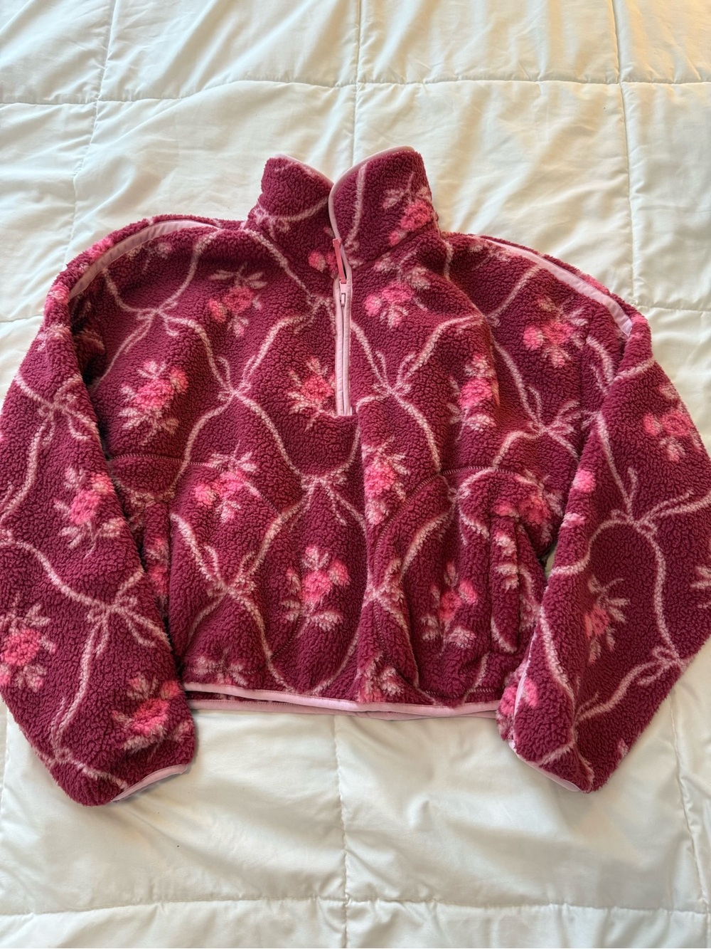 Women’s Plush Floral Half-Zip Fleece Pullover - Pink Size S